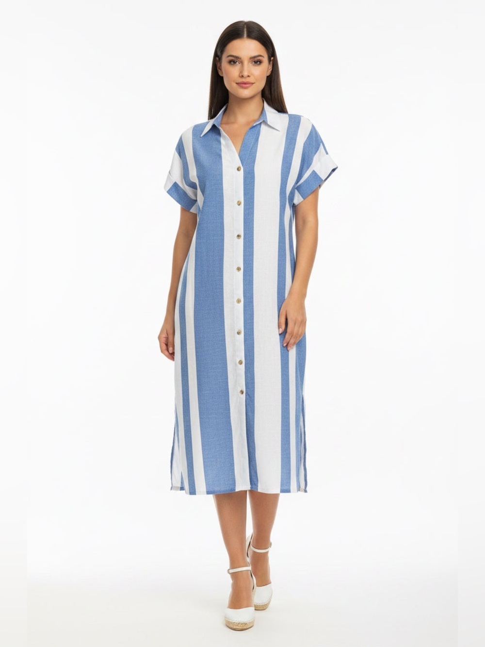 Mlle Gabrielle Blue and White Striped Midi Shirt Dress